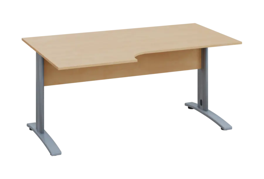 ERK 18 - 166 stůl kancelářský, rohový, levý, kovová podnož stříbrná, deska 18 mm, široký 1600 mm, bříza irská